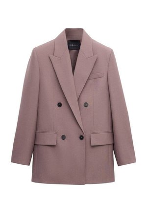 Blazer mauve croisé avec quatre boutons noirs, larges revers, deux poches à rabat et une poche poitrine passepoilée, présenté sur fond blanc.
