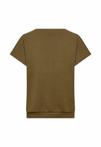 Top kaki a maniche corte con scollatura a girocollo e vestibilità rilassata. Tessuto liscio con una silhouette leggermente ampia e dettaglio a coste sull'orlo.