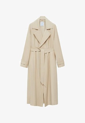 Bež plašč v gladkem materialu z odprtim ovratnikom, dolgimi rokavi, pasom in stranskimi žepi.