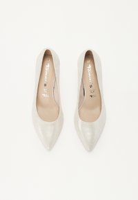 Pointed-toe high heels made of light silver material, featuring a smooth texture and a simple design with a logo on the insole.