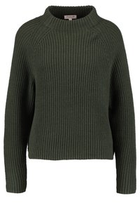 Dunkelgrüner Strickpullover mit langen Ärmeln und einem gerippten Rundhalsausschnitt.