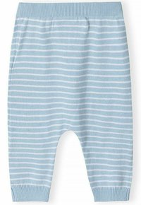 Svetlo modre pletene hlače z belimi vodoravnimi črtami. Imajo riban pas in manšete. Mehka, elastična tekstura za udobje.