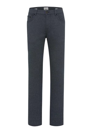 Dunkelgraue, gerade geschnittene Jeans aus strukturiertem Denim. Verfügt über Fronttaschen, einen Knopfverschluss und ein Markenlabel am Bund.
