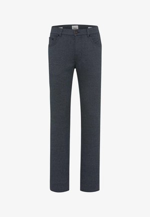 Donkergrijze, rechte jeans gemaakt van gestructureerde denim. Voorzien van voorzakken, een knoopsluiting en een merketiket op de tailleband.