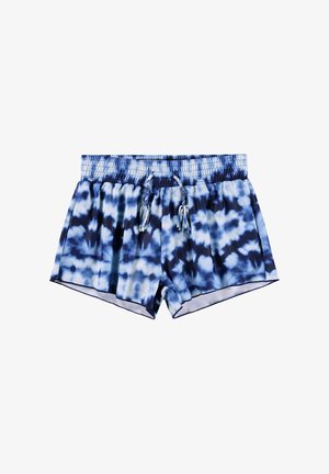 Blauwe tie-dye zwembroek met een elastische tailleband, trekkoordsluiting en een gladde textuur. Heeft verschillende tinten blauwe patronen.