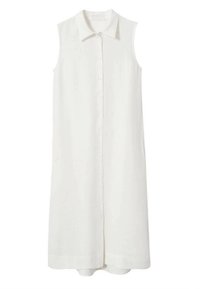 Robe blanche sans manches en tissu léger, dotée d'un col et d'une fermeture à boutons sur le devant. Texture lisse avec une coupe droite.