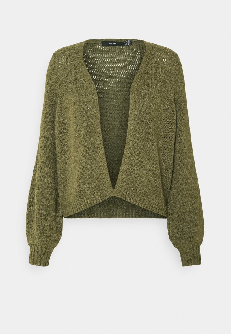 Cardigan en maille vert olive avec un décolleté en V profond, un ourlet court et des manches bouffantes ; présente un motif texturé en maille ajourée.