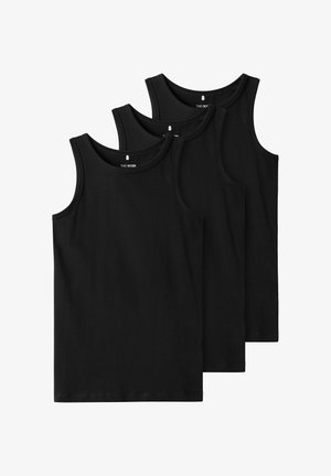 Three black cotton tank tops with rounded necklines and no sleeves, laid flat, showcasing a smooth texture and simple design.
