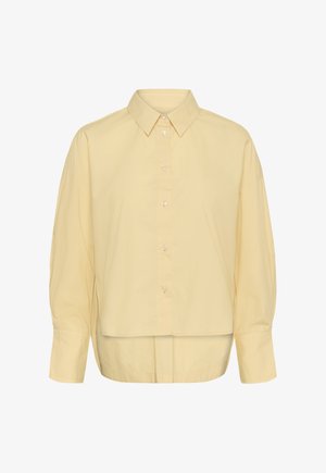 Helebeež kollane pika varrukaga nööbitav särk terava kraega ja veidi üle mõõtmete lõikega, esitletud valgel taustal.