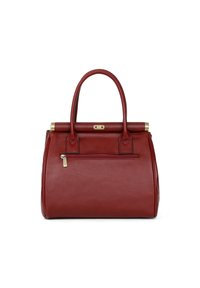 Borsa a mano rossa in pelle con forma strutturata, doppio manico superiore e tasca posteriore con zip. Presenta accessori in tonalità oro e una texture liscia.