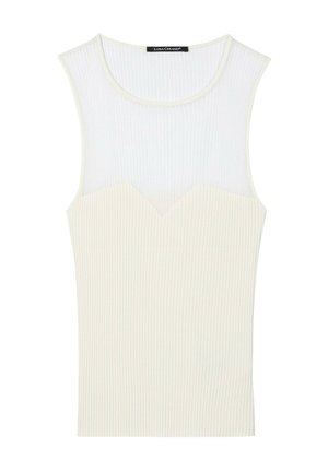Sleeveless ribbed knit top with a sheer upper yoke and round neckline in off-white color, brand label inside collar.