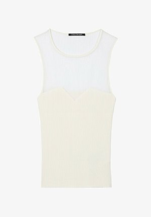 Sleeveless ribbed knit top with a sheer upper yoke and round neckline in off-white color, brand label inside collar.