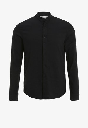Black long-sleeve shirt with a band collar, front button closure, and a smooth texture. Straight hem and fitted design.