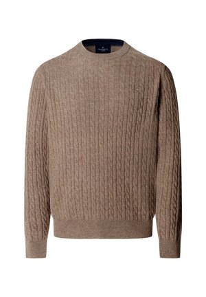 Pulover od pletenice u svijetlosmeđoj boji s okruglim izrezom, rebrastim manžetama i rubom. Sadrži suptilni logotip na prsima, izrađen od mekog materijala.
