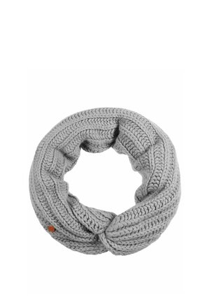 Gray chunky knit infinity scarf with braided pattern and small round brown tag, arranged in a circular shape on white background.
