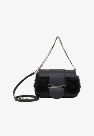 Black handbag featuring faux fur and textured leather. Includes a silver chain strap and a detachable leather shoulder strap. JOOP! Jeans logo detail.