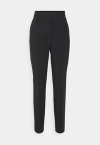Pantaloni neri su misura con una texture liscia, caratterizzati da una vita alta, pieghe frontali e un design slim-fit per una silhouette affusolata.