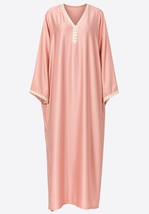 Kaftán rosa claro con escote en V y ribete decorativo en color crema a lo largo del cuello y los bordes de las mangas. Tejido suave y liso con un ajuste suelto.