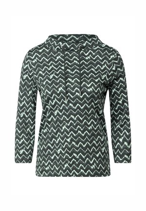 Sudadera con capucha en verde oscuro con un patrón de zigzag en menta. Cuenta con mangas largas y un cuello con cordón ajustable. Tela suave con un ajuste relajado.