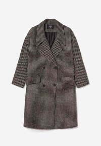 Cappotto doppiopetto con motivo a scacchi, in una combinazione di nero, grigio e bordeaux. Presenta ampie rever e due tasche frontali.