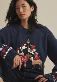 Pull en maille bleu marine avec broderies d'animaux colorées sur le thème des fêtes, poignets à motifs rouge et blanc, et finition texturée.