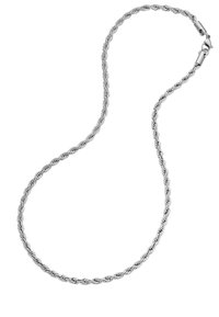 Zilveren ketting met een gedraaide ontwerp, voorzien van een karabijnhaaksluiting. Gladde textuur met een uniforme, glanzende afwerking.