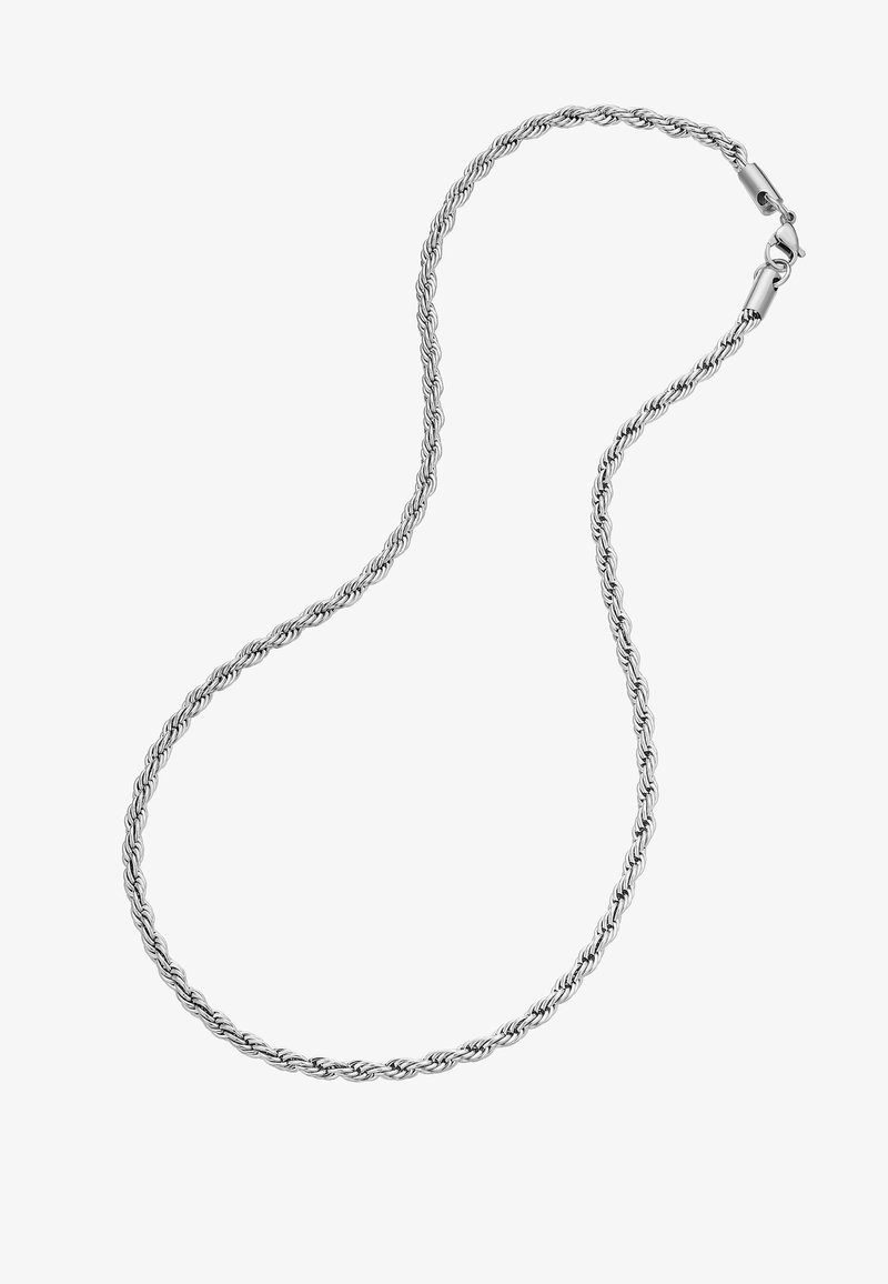 Sølv kædedesign med drejet form, udstyret med en krabbe-lås. Glat overflade med en ensartet, blank finish.