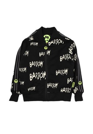 Giacca nera con zip caratterizzata da un motivo testuale bianco "BARROW", bottone a forma di sorriso verde e strisce grigie sulle maniche. Tessuto morbido.