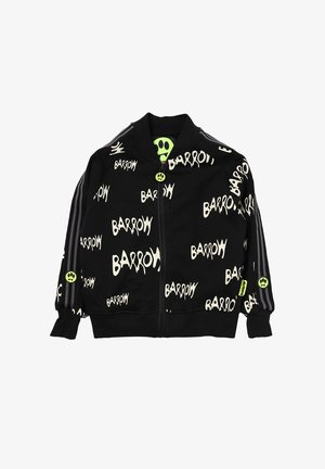 Giacca nera con zip caratterizzata da un motivo testuale bianco "BARROW", bottone a forma di sorriso verde e strisce grigie sulle maniche. Tessuto morbido.