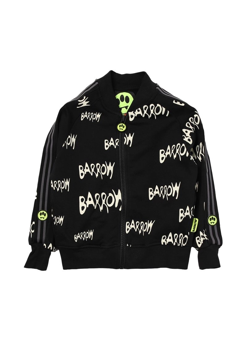 Giacca nera con zip caratterizzata da un motivo testuale bianco "BARROW", bottone a forma di sorriso verde e strisce grigie sulle maniche. Tessuto morbido.
