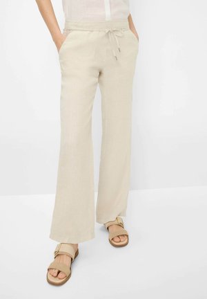 Pantaloni a gamba larga in misto lino di colore beige chiaro, con vita elastica e cordoncino. Tasche frontali e vestibilità rilassata.