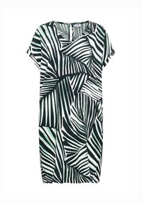 Robe courte noir et blanc avec un motif rayé abstrait en forme de feuille et des manches courtes, étiquetée "Cecil" à l'encolure.