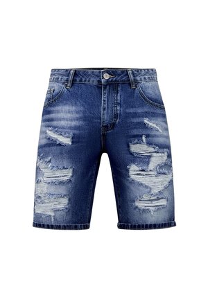 Blauwe denim shorts met versleten en gescheurde details aan de voorste dijen en zakken, voorzien van lussen voor een riem en een knoopsluiting aan de voorkant.