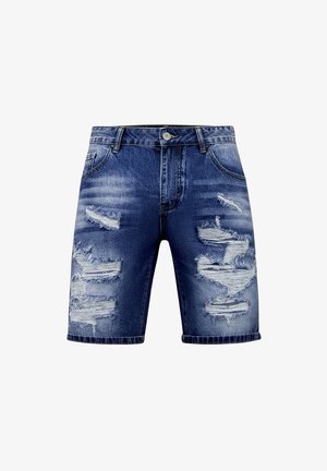 Blauwe denim shorts met versleten en gescheurde details aan de voorste dijen en zakken, voorzien van lussen voor een riem en een knoopsluiting aan de voorkant.