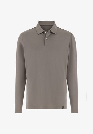Langærmet polo i en dæmpet grå farve, lavet af glat stof, med krave og knapstolpe med tre knapper. Diskret logodetalje ved kanten.