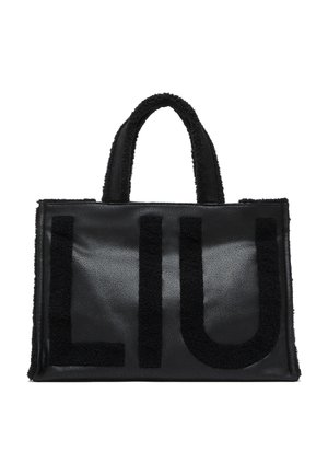 Borsa rettangolare nera con due manici e grandi lettere pelose L, I, U sul pannello frontale.
