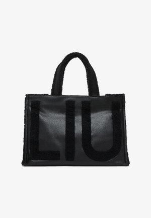 Borsa rettangolare nera con due manici e grandi lettere pelose L, I, U sul pannello frontale.