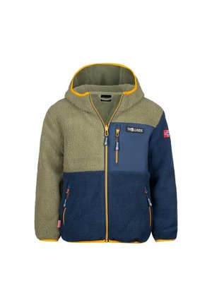 Child's hooded fleece jacket in olive green and navy blue with yellow zipper, chest pocket, and Norwegian flag patch on sleeve.