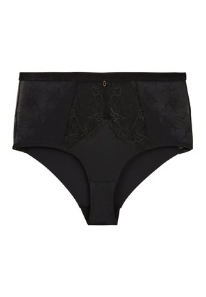 Sous-vêtements noirs avec des détails en dentelle florale sur le devant, présentant un dos en tissu lisse et un design à taille basse. Accent métallique doré notable.