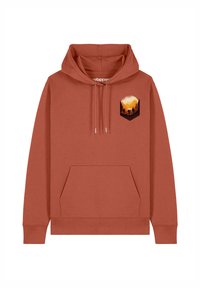 Roestoranje hoodie van zacht materiaal, met een voorzak, een trekkoordcapuchon en een bedrukte grafiek van bergen en bomen op de borst.
