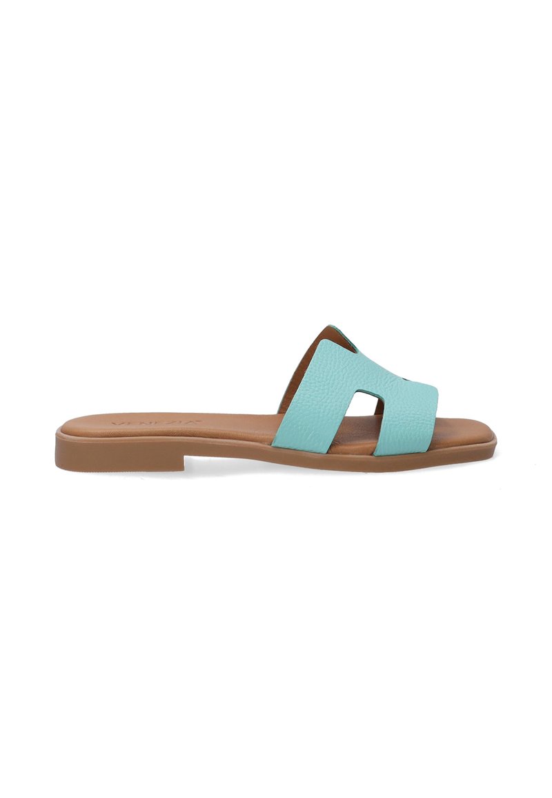Aqua-blue slide sandal with textured leather upper, open toe design, and a flat brown sole. Features two parallel straps for support.