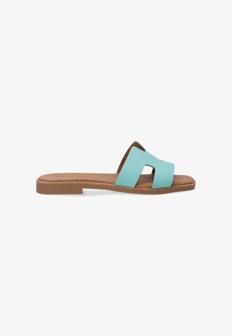 Aqua-blue slide sandal with textured leather upper, open toe design, and a flat brown sole. Features two parallel straps for support.