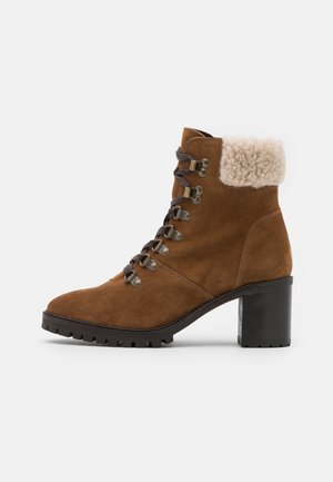 Bottine marron en daim avec lacets à l'avant, bordure en shearling, talon noir épais et semelle robuste, conçue pour temps froid.