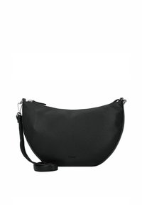 Schwarze Leder-Crossbody-Tasche mit einer geschwungenen Form, strukturierter Oberfläche, silbernen Beschlägen und einem verstellbaren Gurt für vielseitigen Tragekomfort.