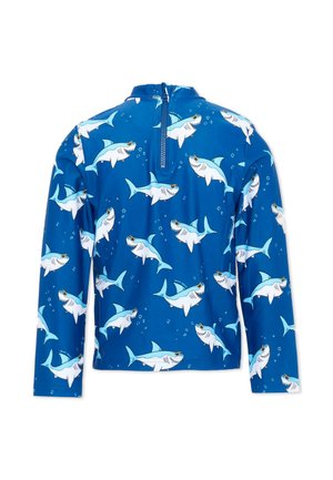 Maglietta da nuoto a maniche lunghe blu con cerniera posteriore, con un motivo di squali cartone animato che indossano occhiali da sole e circondati da bolle.