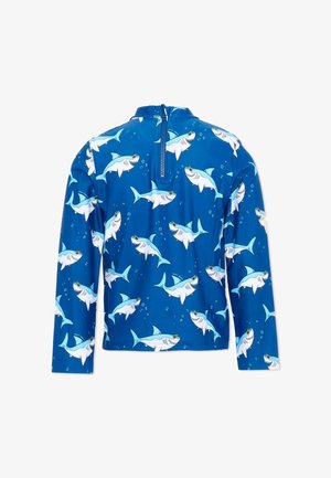 Maillot de bain à manches longues bleu avec fermeture éclair à l'arrière, présentant un motif de requins dessinés portant des lunettes de soleil et entourés de bulles.
