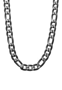 Zwarte metalen ketting met dikke, in elkaar grijpende schakels met een gladde textuur en gepolijste afwerking. Ontworpen voor uitgesproken draagstijl.