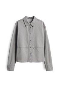 Gray denim jacket with a collared neckline, button front, and long sleeves. Features a clean, unembellished design and slightly cropped cut.