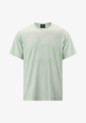 Lysegrøn kortærmet t-shirt lavet af blød bomuld, med et diskret hvidt logo-design på forsiden og rund hals.