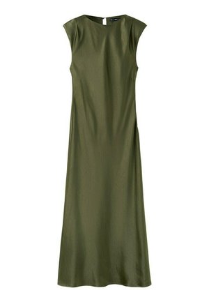 Vestido midi sin mangas en verde oliva con cuello redondo y cintura ajustada, confeccionado en tela suave con cierre de botones en la parte posterior.